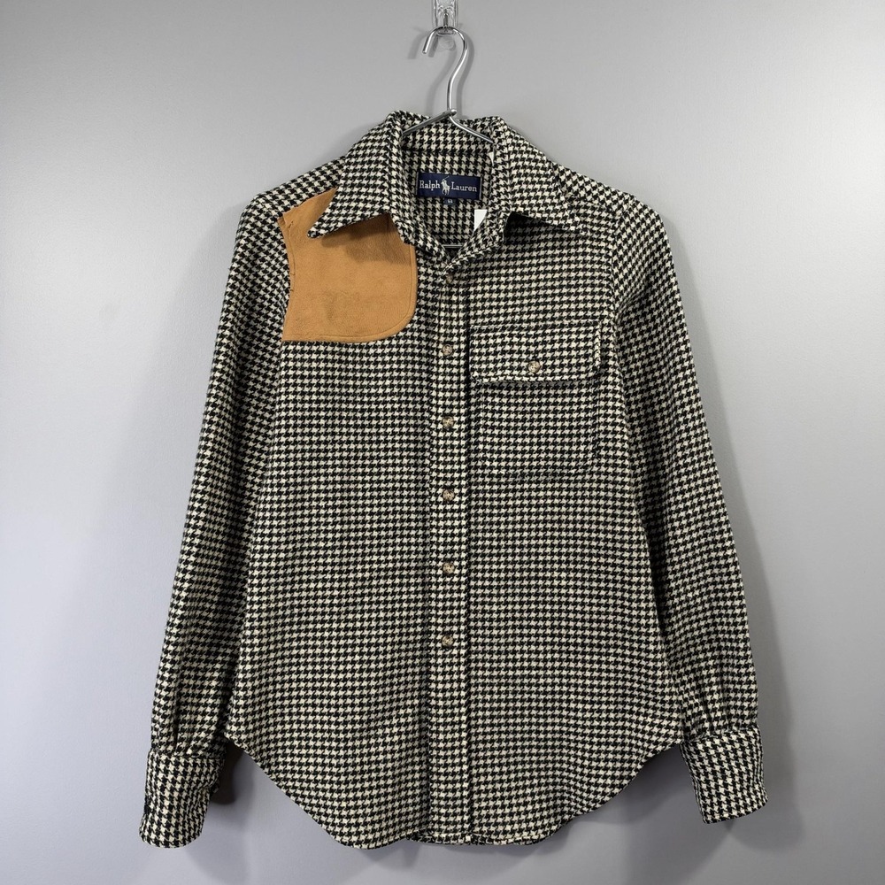 Ralph Lauren Shirt Womens 8 Black Houndstooth Wool Leather Shoulder Patch